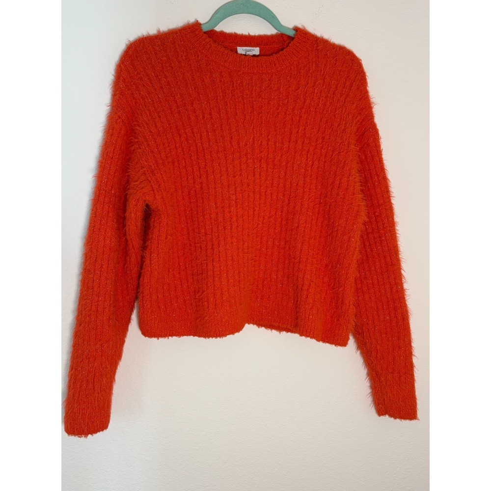 Cabana By Crown & Ivy Sweater‎ Womens Medium Orange Fuzzy Eyelash Knit V Neck